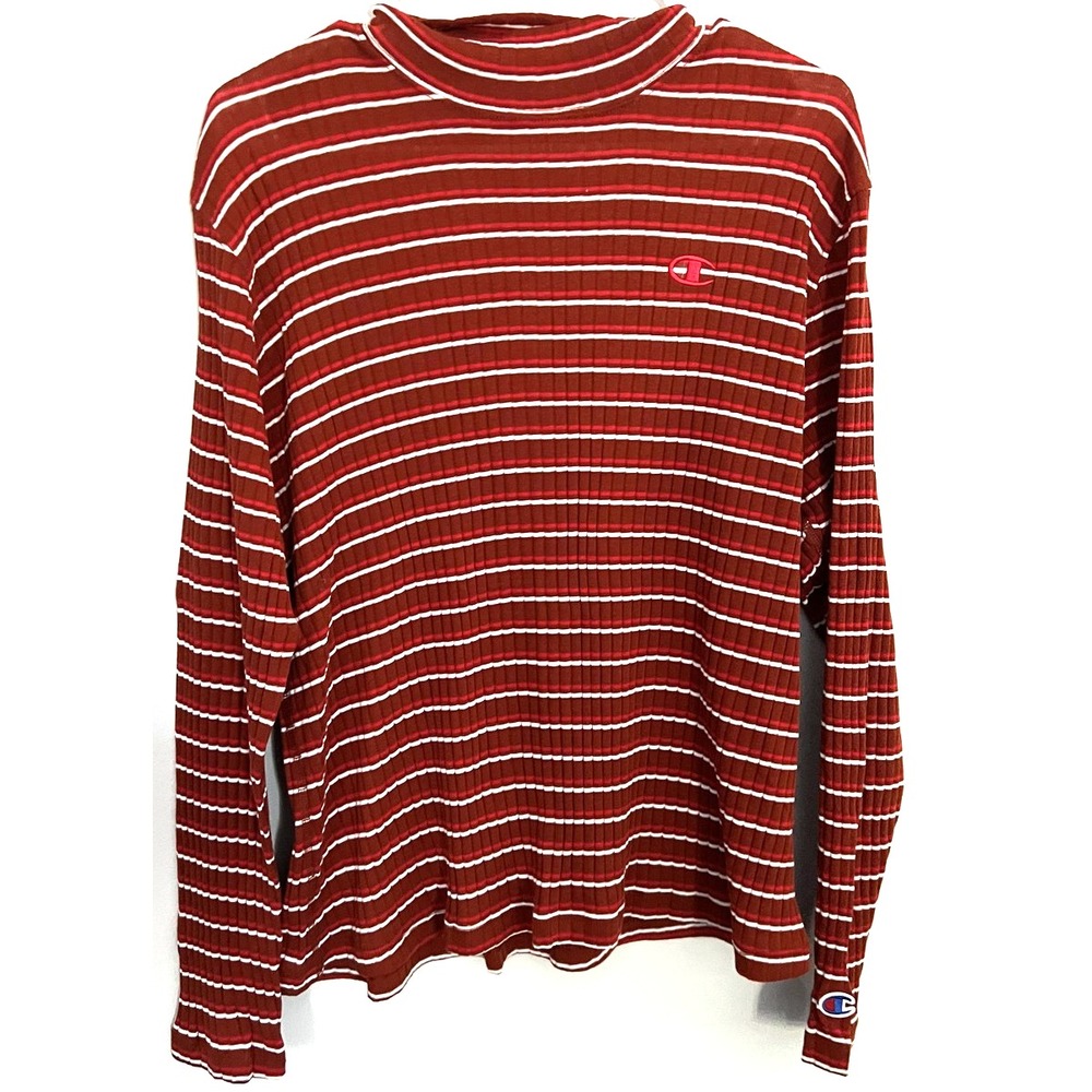 Champion Shirt Womens 2XL Red/Brown Striped Ribbed Mock Neck Long Sleeve Casual